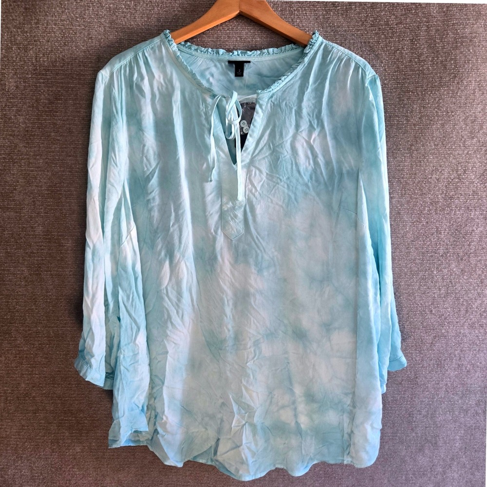 Torrid Blue Tie Dye Rayon Twill Peasant Blouse 2 Plus Size Ruffle Split Neck - Picture 2 of 9